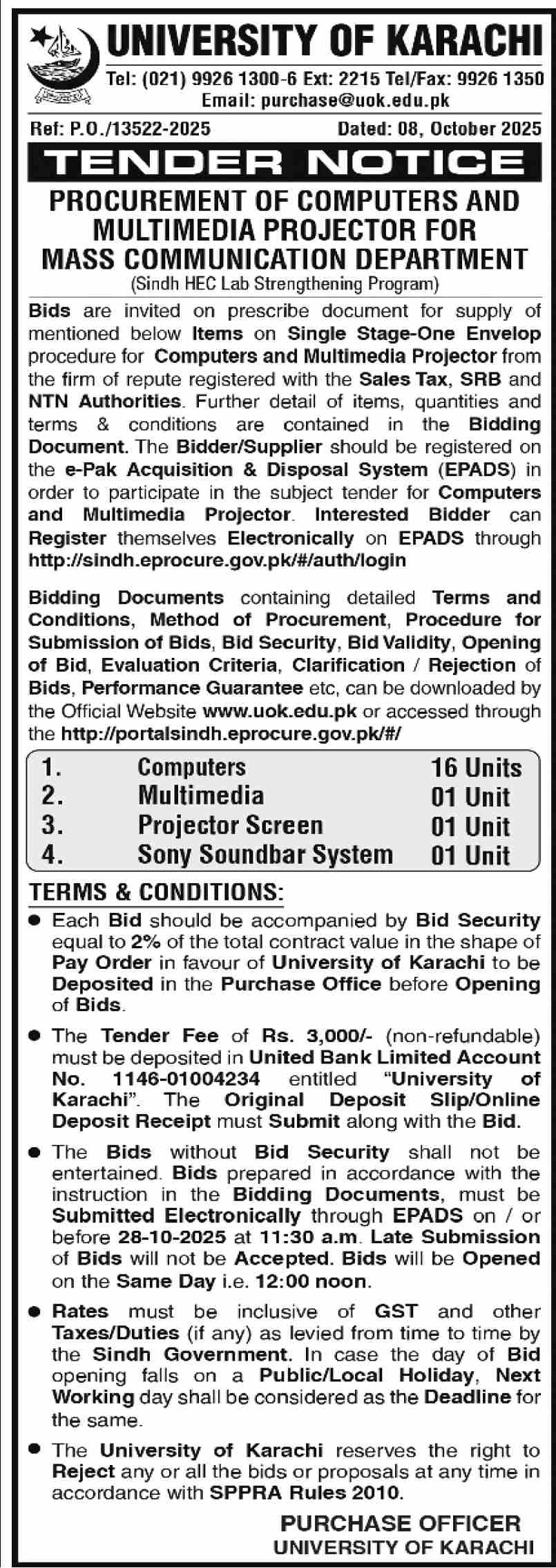 University of Karachi Tender Notice